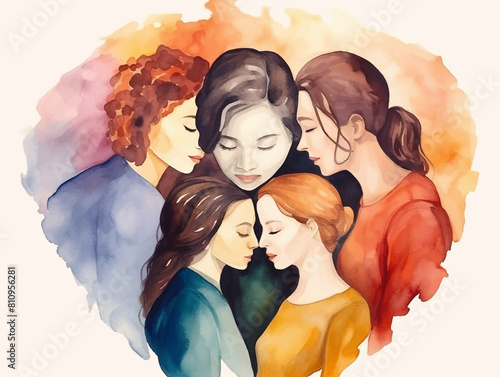 Happy women group for International Women’s day , watercolor style illustration