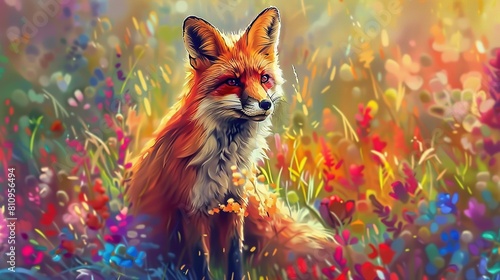 Red fox  standing on colorful flowered meadow. Generative Ai