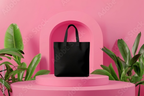 black canvas tote bag on pink podium background with green tropical leaves © Dina