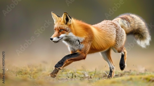 Red fox vulpes vulpes , running across a meadow . Generative Ai photo