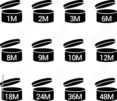 Pao symbol cosmetic vector  icon. 3, 6, 8, 9, 10, 12, 24, 36, 48 Period after opening, PAO symbol and Green Point symbol for cosmetics packaging. Vector