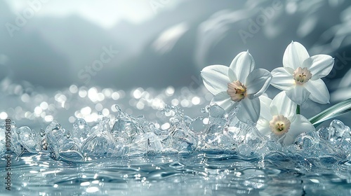   A cluster of pure blossoms bobbing above a tranquil water surface with surrounding ice blocks