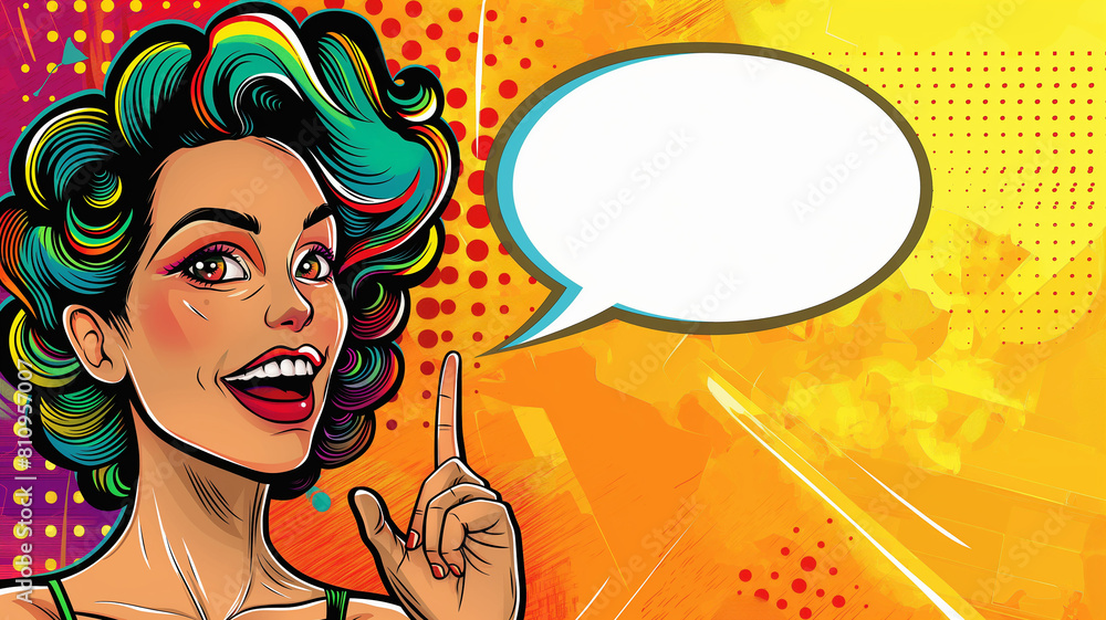 Fototapeta premium Pop art concept. African America woman with open smile and hand pointing on empty speech bubble. Colorful background in pop art retro comic style. Usable social media, brochure, promotion, cover.