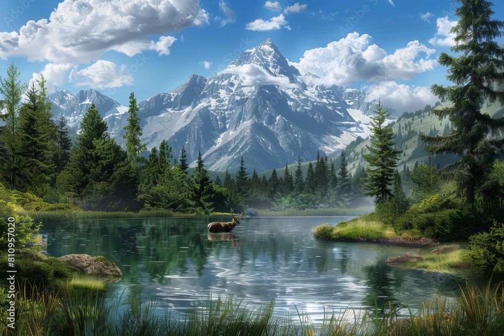tranquil peaceful landscape with wild animal lake in the mountains covered with snow and with conifer trees on sunny day