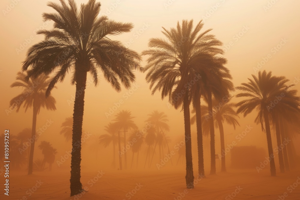 palm trees in the desert or beach during sandstorm or dust storm. Environment issue. Climate change.