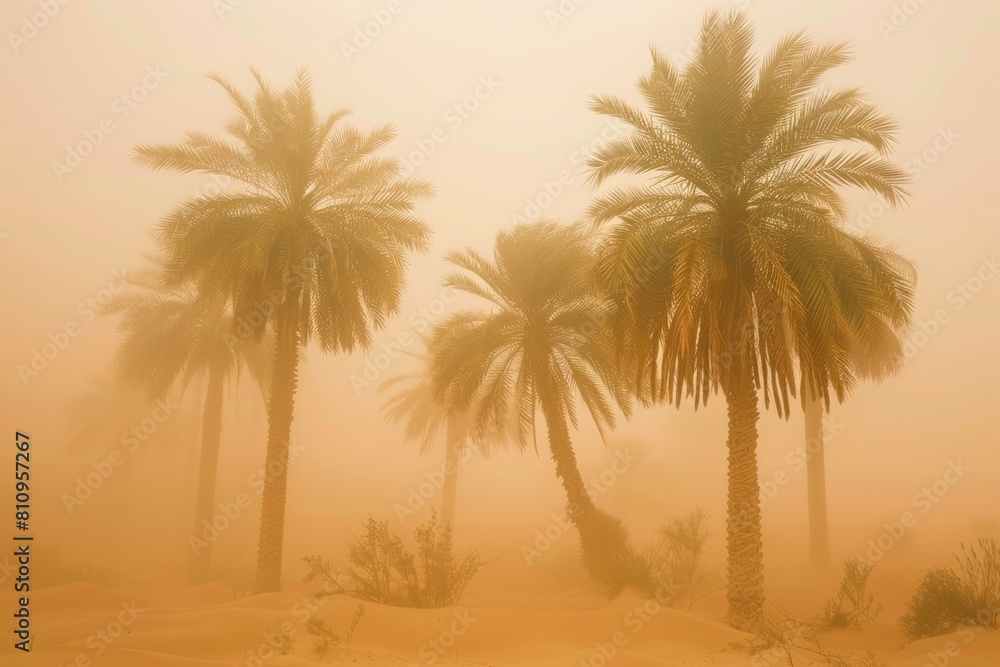 Obraz premium palm trees in the desert or beach during sandstorm or dust storm. Environment issue. Climate change.