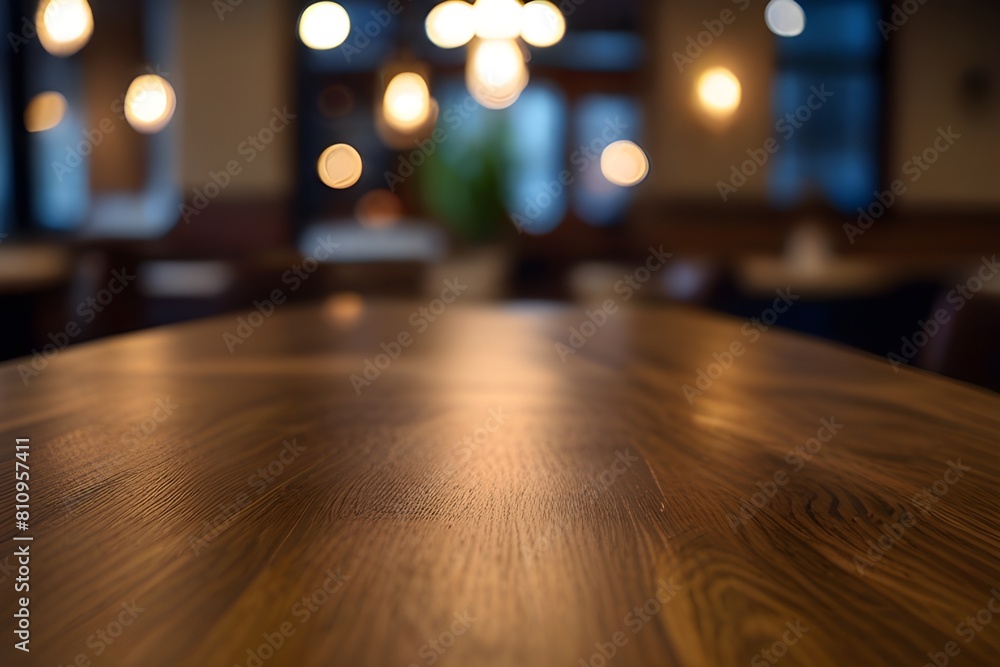 Wood table top with reflect on blur of lighting in cafe,restaurant background/selective focus. Generative AI 