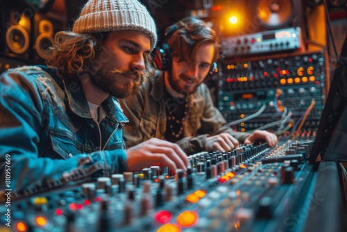 Two focused male music producers working with sound mixer console in a professional recording studio, with equipment in the background photo