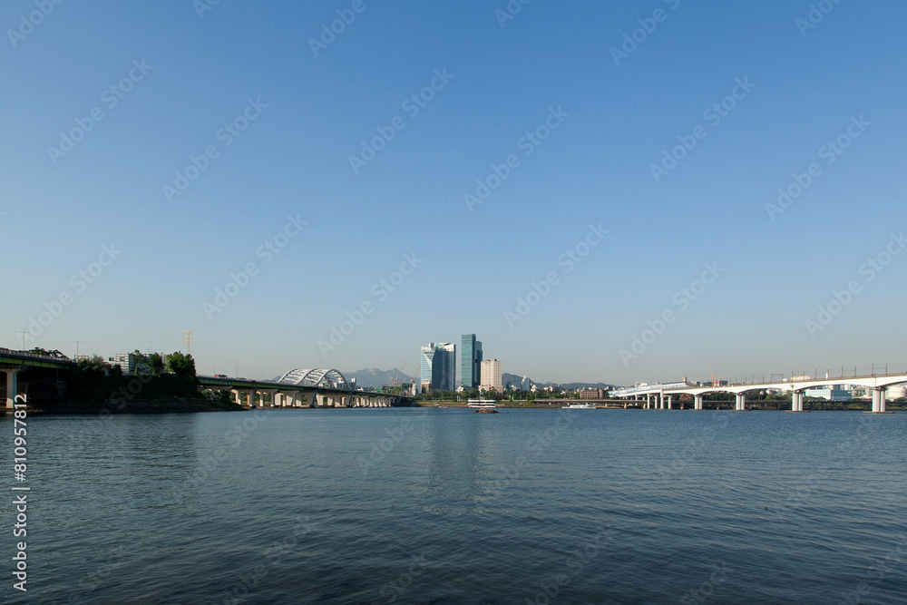 View of the river with the buildings and bridges