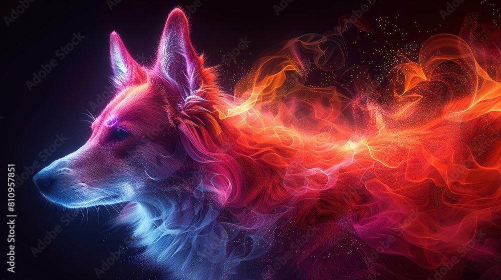 A painting featuring a dog with vibrant red, orange, and blue swirls on its face against a dark backdrop A painting featuring a dog with vibrant red, orange, and blue swirls on its face against a dark backdrop