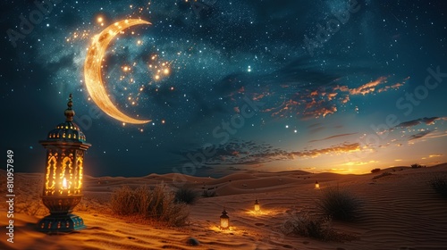 Ramadan Kareem - Arabic Lantern At Night In desert With Crescent Moon And Magic Glittering