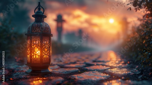 Ramadan Kareem - Arabic Lantern At Night In desert With Crescent Moon And Magic Glittering
