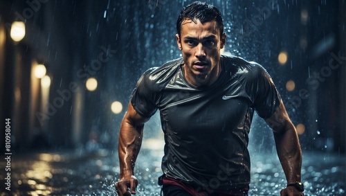 Portrait of a man running under water rain at night