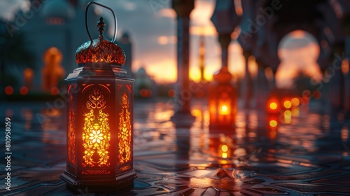 Ramadan Kareem - Arabic Lantern At Night In desert With Crescent Moon And Magic Glittering © Art Wall