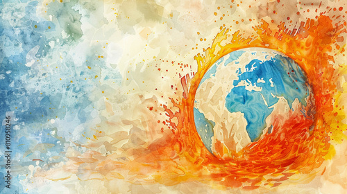 Illustrative depiction of global warming with a world map showing hot zones, influenced by La Nina events, next to a boiling Earthwatercolor illustration photo