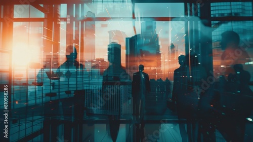 Cityscape through skyscraper windows with silhouettes of business people walking by