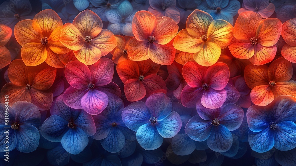 A vibrant bouquet on a dark canvas, featuring the central red, orange, and blue florals A vibrant bouquet on a dark canvas, featuring the central red, orange, and blue florals