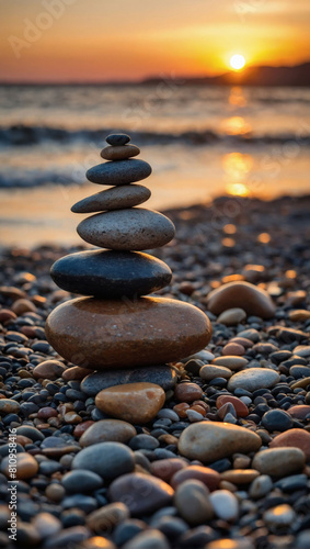 Harmony at dusk  Zen stones arranged on the shore  harmonizing with the peaceful sunset hues.