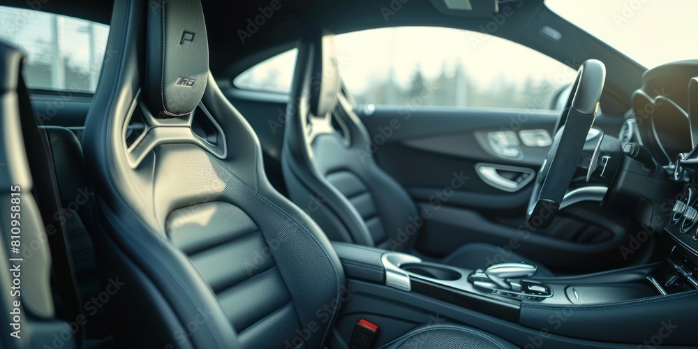 Modern car interior. Interior of prestige modern car. Comfortable leather seats. Steering wheel and dashboard. Modern car interior details. Modern car interior. Interior of prestige modern car. Comfortable leather seats. Steering wheel and dashboard. Modern car interior details.