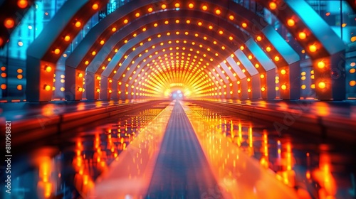  A brightly-lit tunnel reflects a person at its center