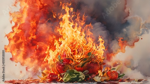 Fruit and vegetable on a white plate with fire in the background
