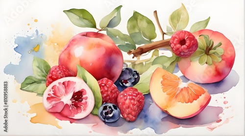 Set of fruit and berries in watercolor style. Vector illustration.