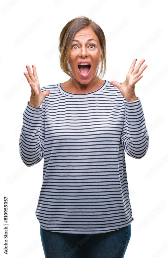 Middle age senior hispanic woman over isolated background celebrating crazy and amazed for success with arms raised and open eyes screaming excited. Winner concept Middle age senior hispanic woman over isolated background celebrating crazy and amazed for success with arms raised and open eyes screaming excited. Winner concept