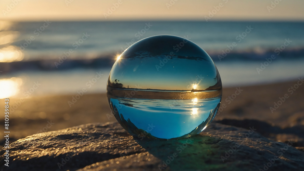Lens ball reflects serene beach scene with calm sea, sky, and sunset ...