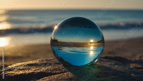 Lens ball reflects serene beach scene with calm sea  sky  and sunset  creating an illusion of encapsulated sunset in the glass sphere.
