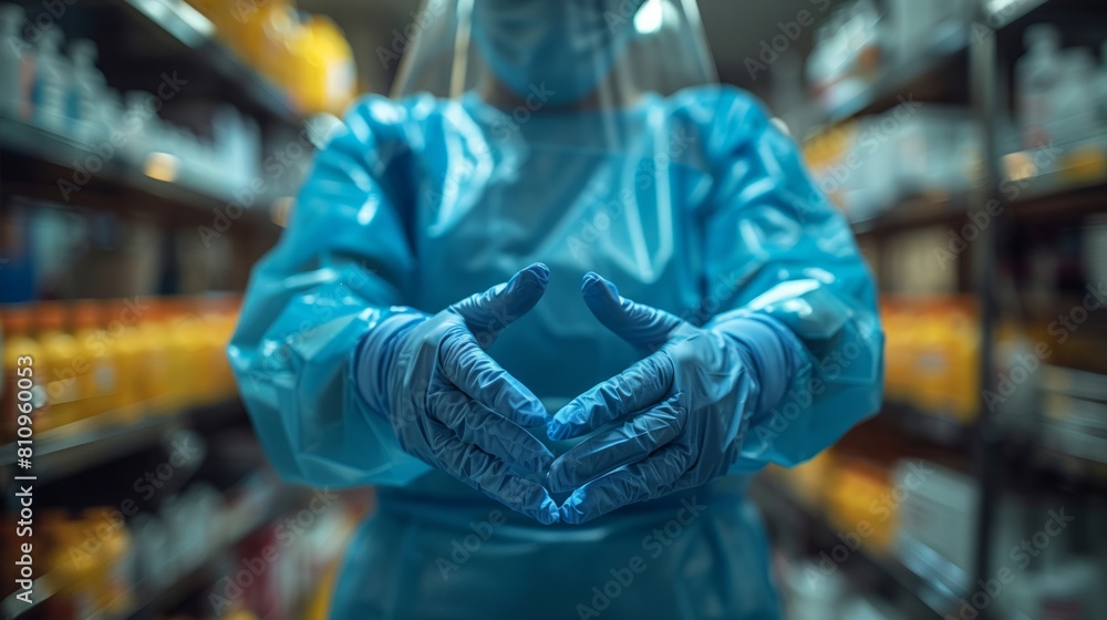 Scientist in blue protective gear in a lab environment. Scientist in blue protective gear in a lab environment.