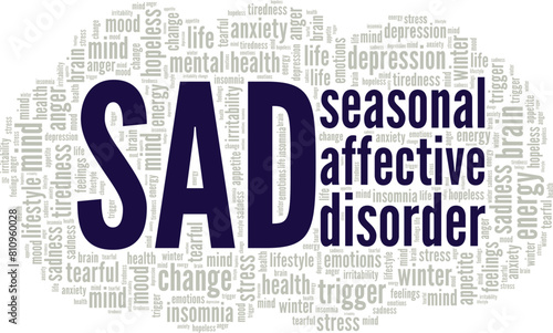 SAD Seasonal Affective Disorder word cloud conceptual design isolated on white background.