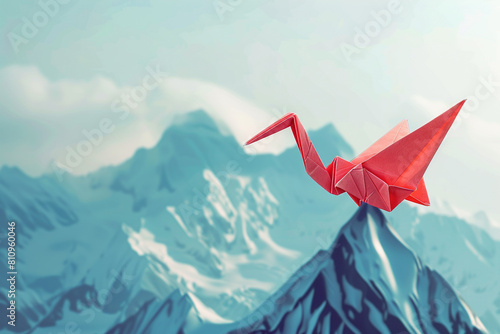 Abstract fusion of origami crane ascending a mountain peak symbolizing leadership photo