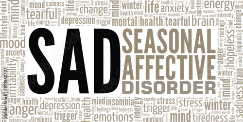 SAD Seasonal Affective Disorder word cloud conceptual design isolated on white background.