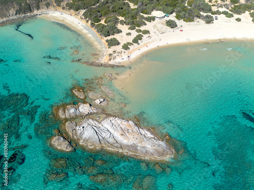 Bild auf Leinwand Scoglio di Peppino beach, rock of Peppino aerial view with drone, Costa Rei, Sar