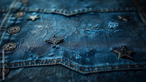 Close-up of wet denim fabric with starfish and vintage buttons.