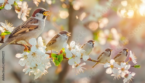 A flock of sparrows sings happily on the branches of a tree with spring flowers and sunlight © JaroslawBokotei 