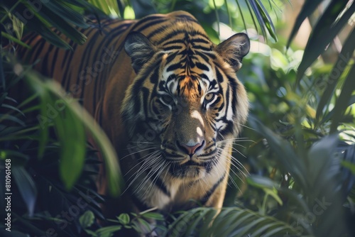 tiger is walking through jungle  wildlife