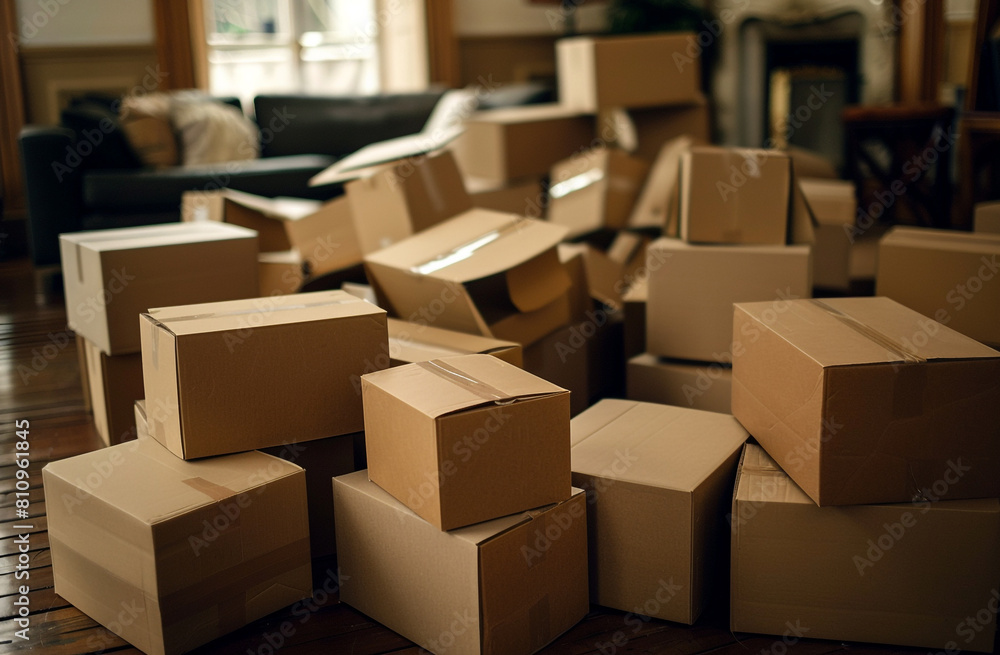 A pile of cardboard packaging boxes on the floor in the living room A pile of cardboard packaging boxes on the floor in the living room