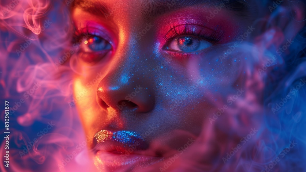 A beautiful black woman with glowing eyes and colorful smoke surrounding her head.