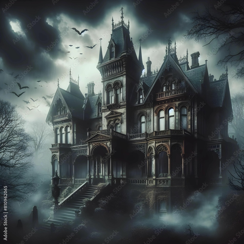 Haunted, Victorian mansion, shrouded in fog, gothic art Haunted, Victorian mansion, shrouded in fog, gothic art
