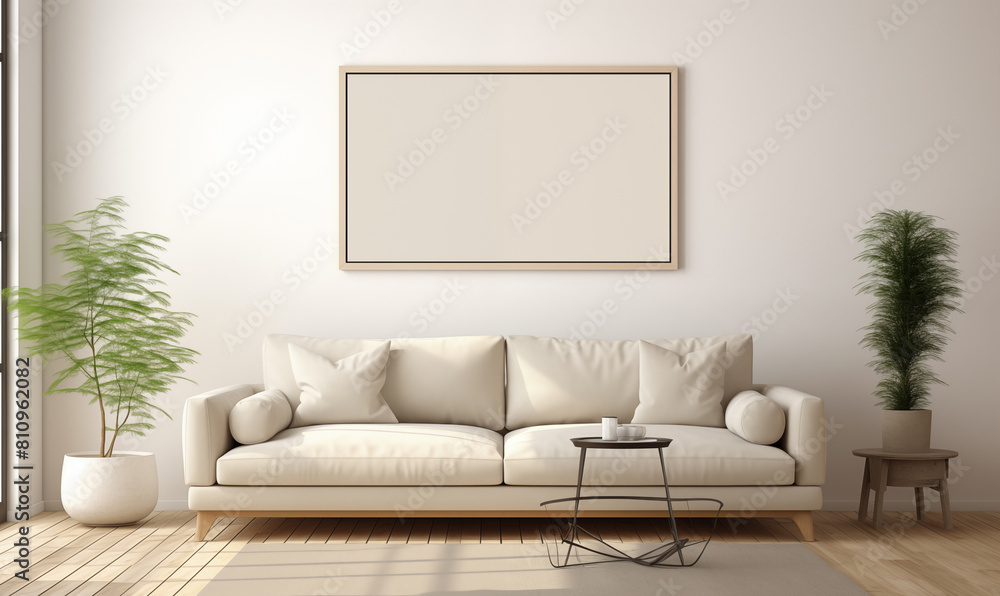 3d rendering, A minimalist living room with a cream sofa, coffee table and empty picture frame on the wall 3d rendering, A minimalist living room with a cream sofa, coffee table and empty picture frame on the wall