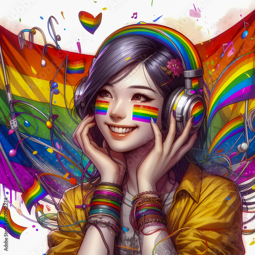 Digital art vibrant colorful pride theme young woman with headphones vibin to music © The A.I Studio