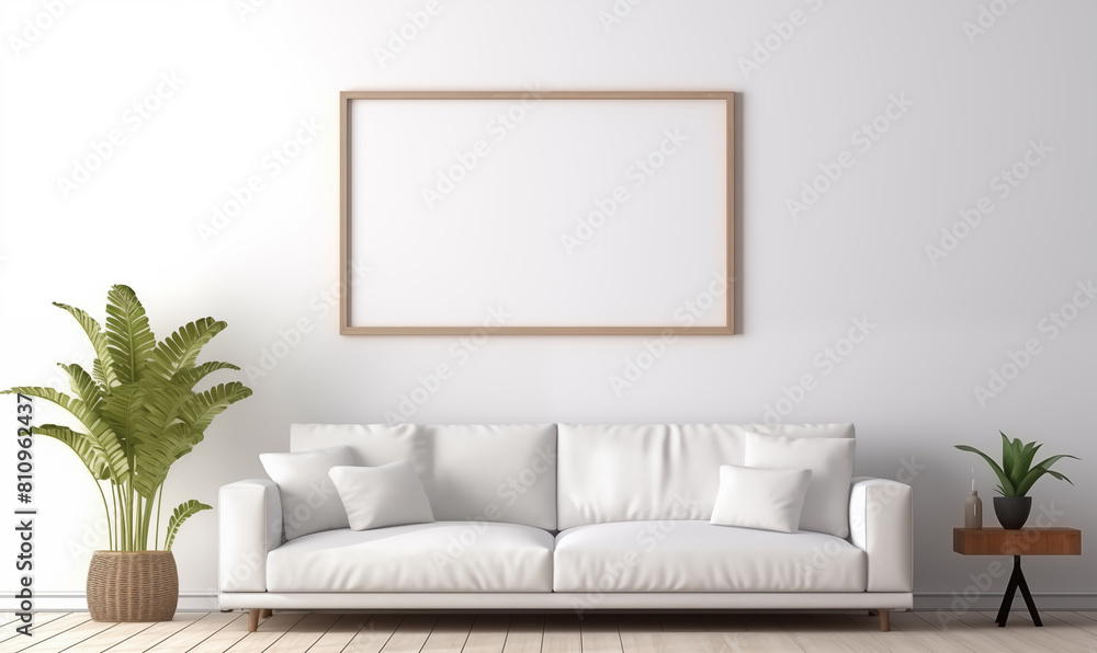 3d rendering, A minimalist living room with a cream sofa, coffee table and empty picture frame on the wall 3d rendering, A minimalist living room with a cream sofa, coffee table and empty picture frame on the wall