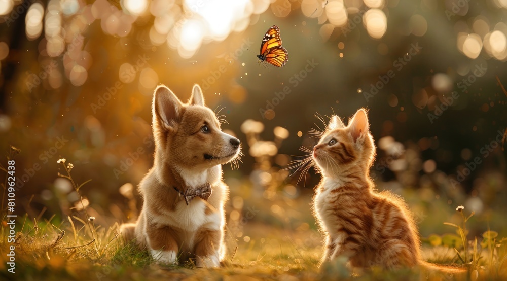 Fototapeta premium cute fluffy friends a cat and a dog wearing bow ties playing together in the park catch a flying butterfly in a sunny summer garden