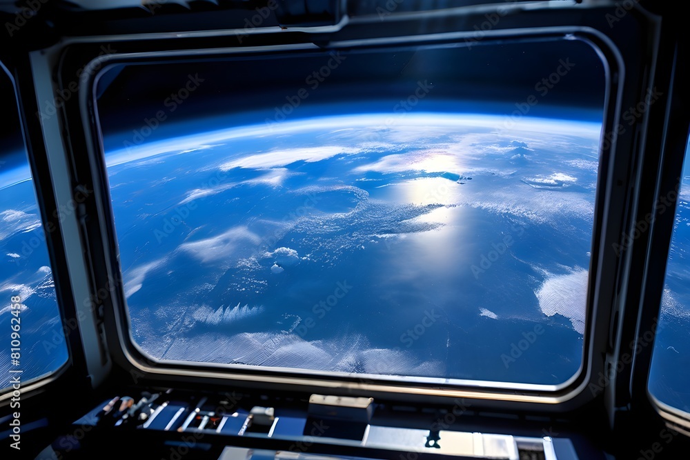 Blick aus dem Fenster einer Raumschiffs auf die Erde - Weltall - KI generiert Blick aus dem Fenster einer Raumschiffs auf die Erde - Weltall - KI generiert