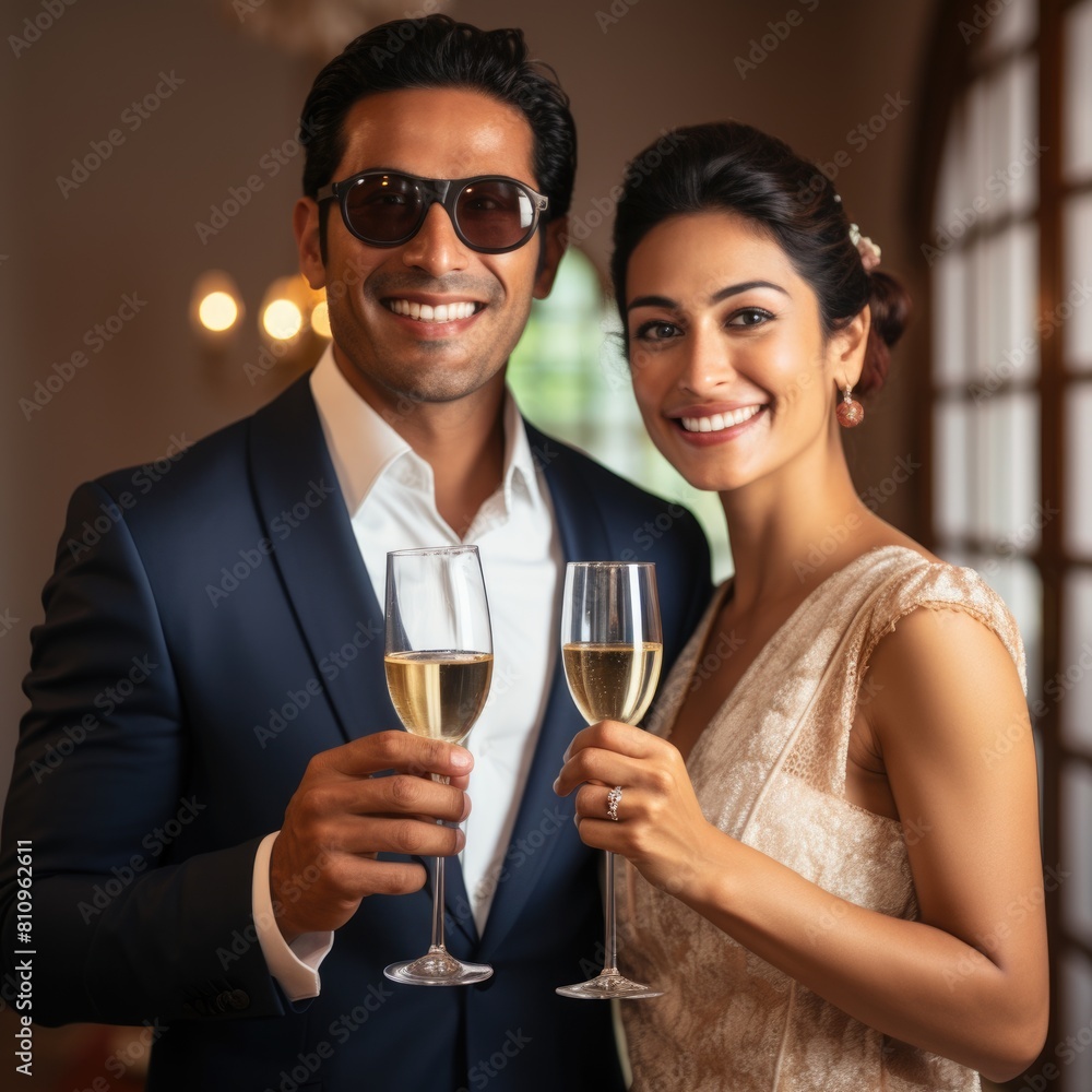 A Smiling Couple Posing for a Photo with Champagne Glasses Fictional Character Created By Generative AI. A Smiling Couple Posing for a Photo with Champagne Glasses Fictional Character Created By Generative AI.