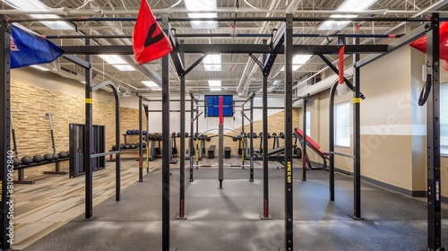 Sleek fitness studio with bodyweight training gear like pull-up bars and dip stations. photo