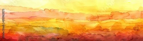 A vibrant watercolor painting featuring a gradient of yellow, orange, and red hues against a clear sky, resembling a sunset view. Twilight sky included
