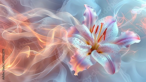   White and pink flower on blue and pink backdrop with white and red swirls