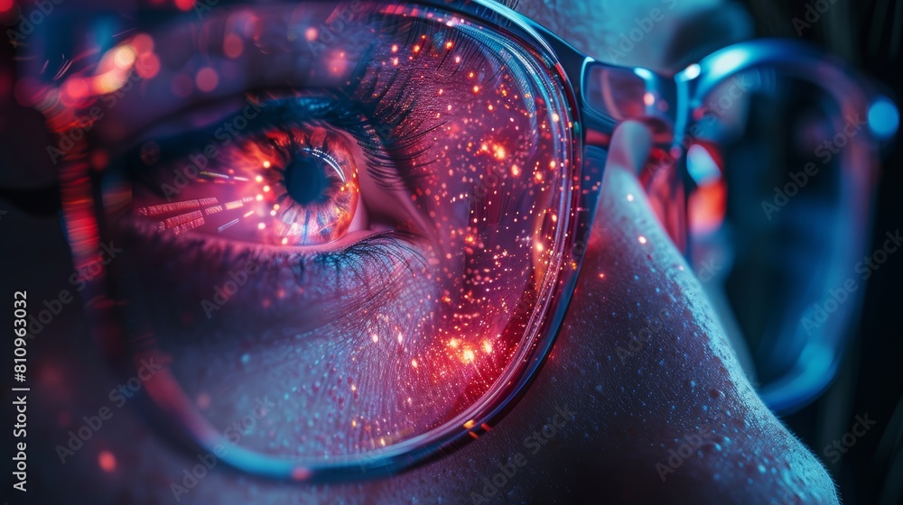 A close-up of a woman's eye with a contact lens that has a glowing red and blue design. A close-up of a woman's eye with a contact lens that has a glowing red and blue design.